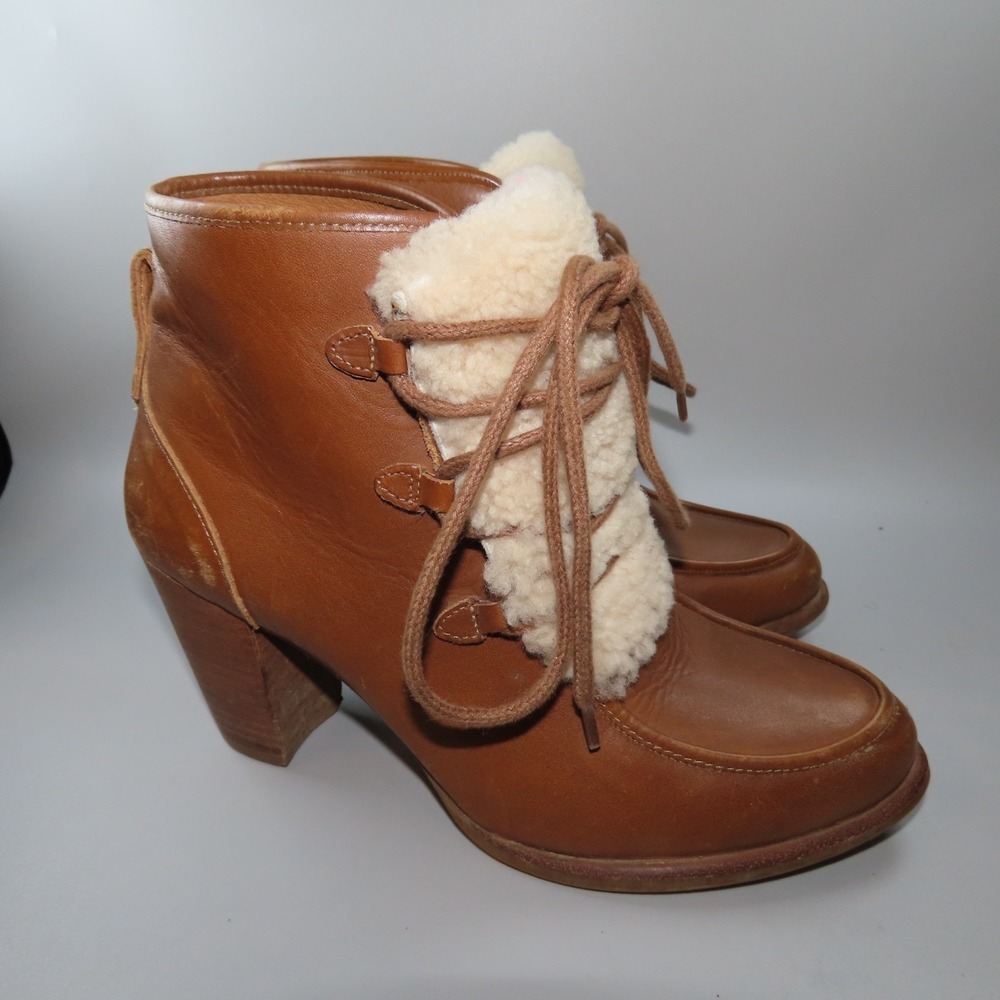 UGG‎ Chestnut Analise Exposed Fur Leather Stacked Heel Ankle Boots Womens 8
